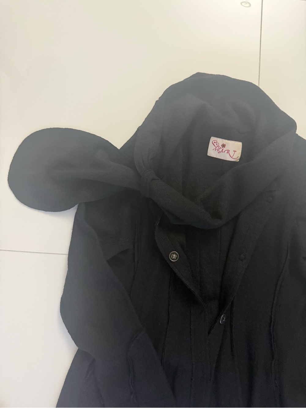 Black Long Bubble Hem Coat with Scarf Collar - Picture 3 of 9